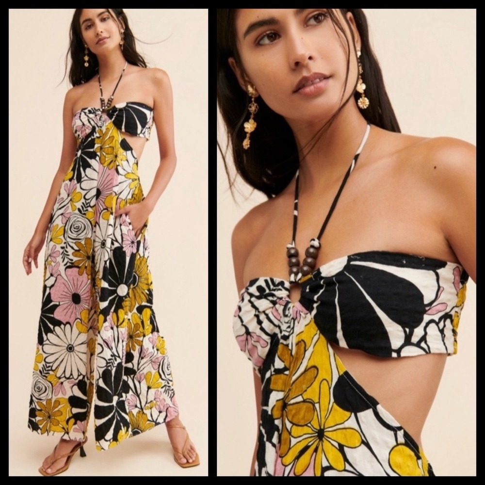 NWT Anthropologie Parrott Paints Floral Wide Leg Jumpsuit XS Palazzo Resort Mod